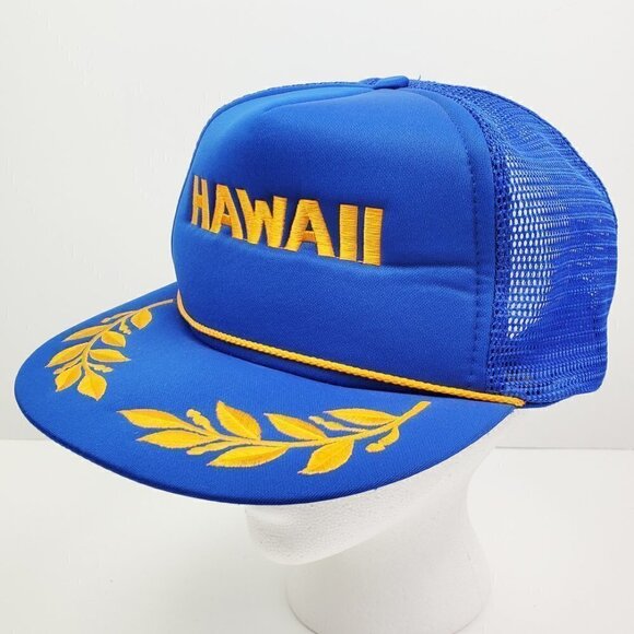 Hawaiian Headwear Vintage Hawaii Trucker Snapback Hat Foam Mesh Gold Leaf Corded - Picture 1 of 8